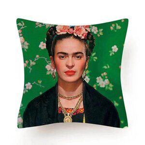Frida Kahlo “Green Floral Vogue Portrait” Pillow Cover – 17.5” Square – Woven Po